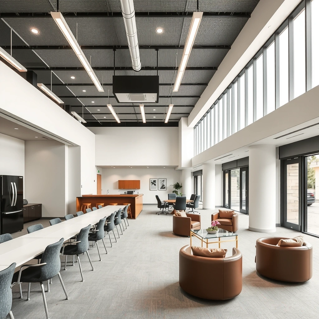 Corporate office space design with modern furniture and natural lighting